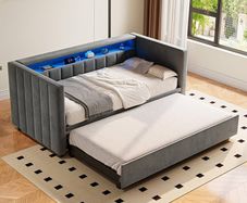 Velvet Sofa Bed 90 x 190 cm with Pull-Out Bed, USB-C Connection, LED Lighting & Storage Space - Modern Day Bed for Living Room, Guest Room & Teenager's Room Dark Grey1