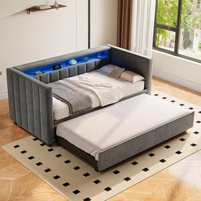 Velvet Sofa Bed 90 x 190 cm with Pull-Out Bed, USB-C Connection, LED Lighting & Storage Space - Modern Day Bed for Living Room, Guest Room & Teenager's Room Dark Grey1