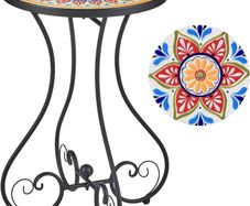 NEW SALE | Round Side Table, Indoor and Outdoor Plant Stand, Small Coffee Table with 36cm Ceramic Tile Top for Patio Balcony, 53cm Tall Mosaic Garden Table, Living Room End Table or Bedside Table, Floral