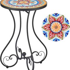 NEW SALE | Round Side Table, Indoor and Outdoor Plant Stand, Small Coffee Table with 36cm Ceramic Tile Top for Patio Balcony, 53cm Tall Mosaic Garden Table, Living Room End Table or Bedside Table, Floral