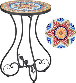 NEW SALE | Round Side Table, Indoor and Outdoor Plant Stand, Small Coffee Table with 36cm Ceramic Tile Top for Patio Balcony, 53cm Tall Mosaic Garden Table, Living Room End Table or Bedside Table, Floral