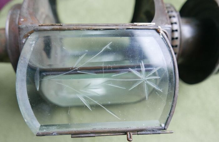 Vintage Pair of Brass Carriage Lamps, by Lime House Lamp Company, pierced canopies, bevelled etched glass chambers, 22" long