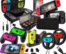 Accessory Bundle Kit designed for Nintendo Switch Accessories Geeks and OLED console users Case and Screen Protector, Joycon Grips and Wheels for enhanced games play and more - Jet black (FREE POSTAGE)