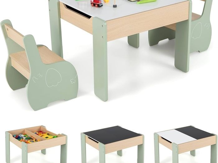Kids Table with 2 Chairs, 3 Piece Wooden Furniture Set with Reversible  Removable Tabletop, Drawing Table with Storage, Elephant Shaped Childrens Seating Set for Ages 3 to 6