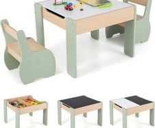 Kids Table with 2 Chairs, 3 Piece Wooden Furniture Set with Reversible  Removable Tabletop, Drawing Table with Storage, Elephant Shaped Childrens Seating Set for Ages 3 to 6