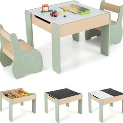 Kids Table with 2 Chairs, 3 Piece Wooden Furniture Set with Reversible  Removable Tabletop, Drawing Table with Storage, Elephant Shaped Childrens Seating Set for Ages 3 to 6