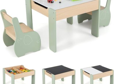 Kids Table with 2 Chairs, 3 Piece Wooden Furniture Set with Reversible  Removable Tabletop, Drawing Table with Storage, Elephant Shaped Childrens Seating Set for Ages 3 to 6