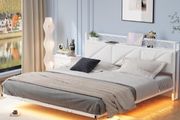 Floating King Bed Frame with LED Lights &amp; USB Charging Station, 150x200cm Metal Platform King Size Bed Frame with 5ft Upholstered Headboard Storage,Heavy Duty Metal Slats, Noise Free,White