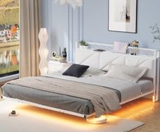 Floating King Bed Frame with LED Lights & USB Charging Station, 150x200cm Metal Platform King Size Bed Frame with 5ft Upholstered Headboard Storage,Heavy Duty Metal Slats, Noise Free,White