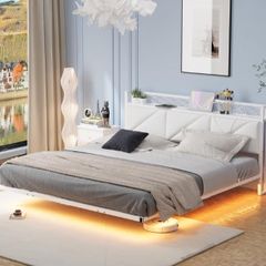 Floating King Bed Frame with LED Lights & USB Charging Station, 150x200cm Metal Platform King Size Bed Frame with 5ft Upholstered Headboard Storage,Heavy Duty Metal Slats, Noise Free,White