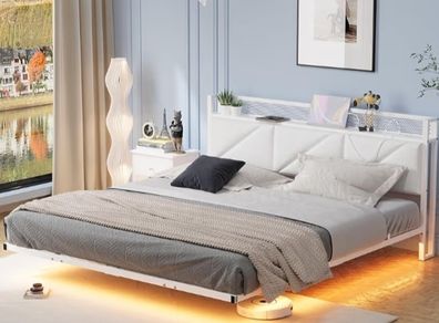 Floating King Bed Frame with LED Lights & USB Charging Station, 150x200cm Metal Platform King Size Bed Frame with 5ft Upholstered Headboard Storage,Heavy Duty Metal Slats, Noise Free,White