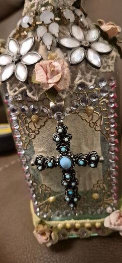 Stunning Vintage Style Altered Art Glass Bottle  Decorative Cross and Floral Detail