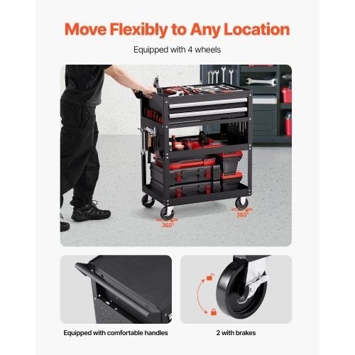 5-Tier Tool Cart with Wheels, 400 lbs Load Capacity, Rolling Work Cart with 2 Drawers & Pegboard, Mechanic Tool Storage Organizer with Locking System for Garage, Warehouse and Repair Shop, Black