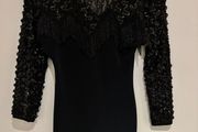 Vintage Black Sequin &amp; Fringe Evening Dress Elegant 80s 90s Glam S 36 8