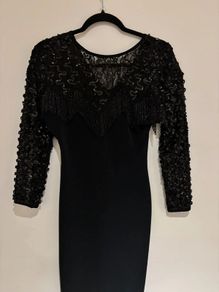 Vintage Black Sequin & Fringe Evening Dress Elegant 80s 90s Glam S 36 8