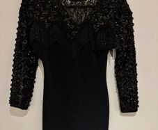 Vintage Black Sequin & Fringe Evening Dress Elegant 80s 90s Glam S 36 8