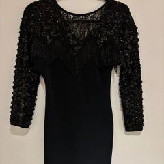 Vintage Black Sequin & Fringe Evening Dress Elegant 80s 90s Glam S 36 8