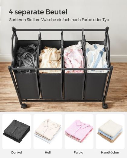 Laundry sorter 4 compartments black laundry basket, laundry collector with 4 removable cloth bags, laundry holder on wheels, laundry sorter, stable, 4 x 35 liters, black