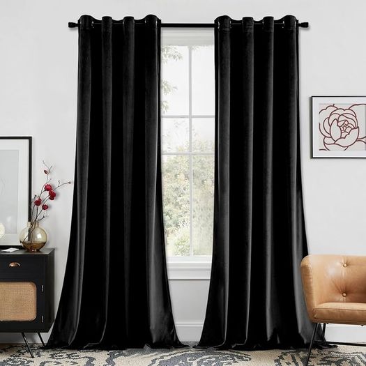 Black Velvet Curtains for Bedroom 2 Panel Set 90 Inch Drop Curtains, Soft Elegent Home Decor Velvet Curtain Living Room, Sun Blocking Room Darkening Thermal Eyelet Curtain 46x90 Inch