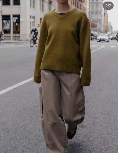 Zara Olive Green Oversized  V Neck Jumper  Size Large