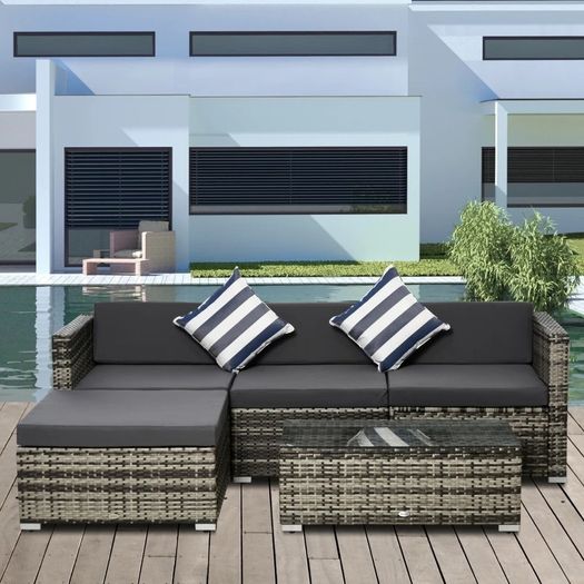 5 Pieces Rattan Sofa Set Wicker Sectional Furniture Cushion Grey Garden (FREE SHIPPING)