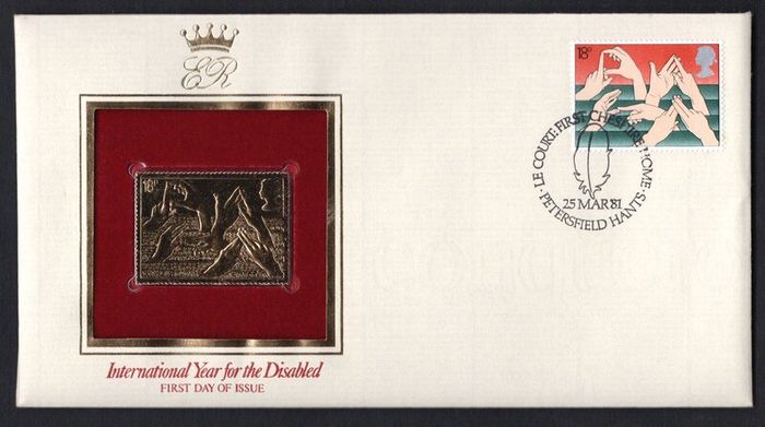 1981 Great Britain International Year for the Disabled Commemorative stamps with Gold Replica Stamp First Day Cover (FDC)