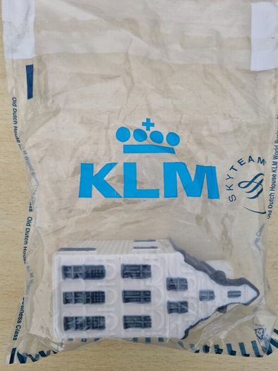 A miniature of a Dutch house from the KLM Delft Blue Houses series