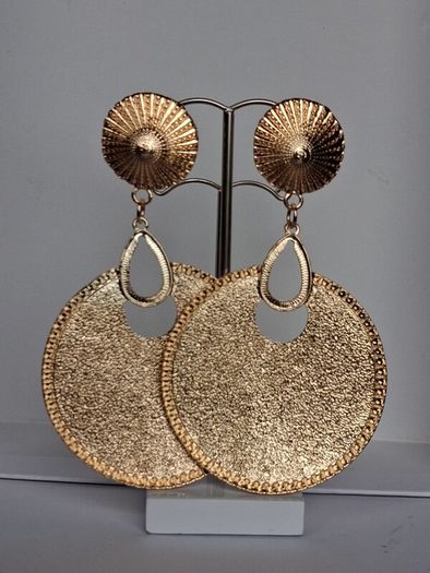 Gold Sunburst Hammered Round Disc Drop Earrings