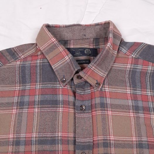 Paul Costelloe Brown Red Grey Plaid Check Long Sleeve Flannel Cotton Shirt Size L