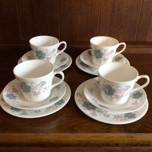 Pretty Queen Anne Blue floral cups saucers and Sides