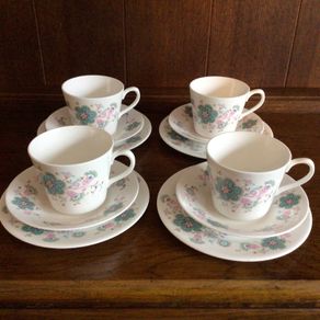 Pretty Queen Anne Blue floral cups saucers and Sides