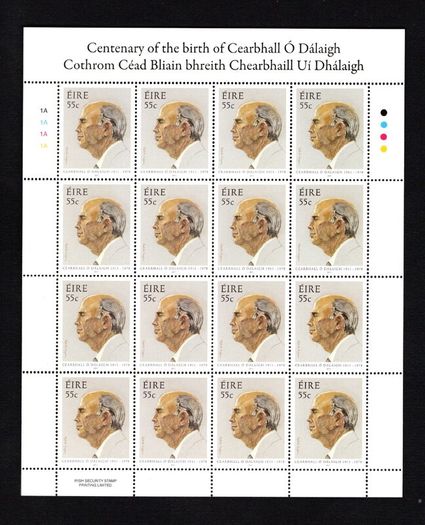 2011 Ireland Birth Centenary of Cearbhall O'Dallaigh (President of Ireland) Commemorative Stamp Sheetlet Plate 1A1A1A1A Mint Never Hinged (MNH)