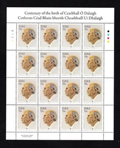 2011 Ireland Birth Centenary of Cearbhall O'Dallaigh (President of Ireland) Commemorative Stamp Sheetlet Plate 1A1A1A1A Mint Never Hinged (MNH)