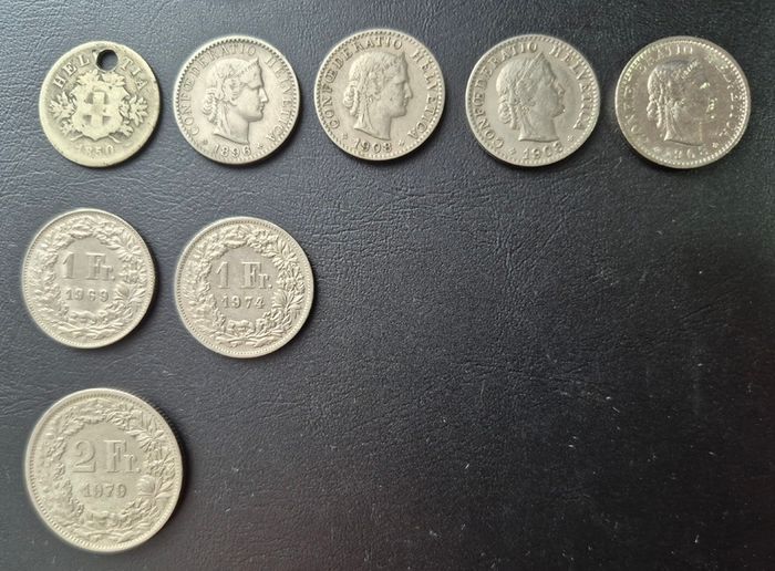 Swiss coins, including silver examples