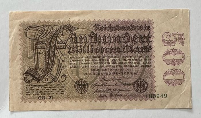 Germany 500 Million Mark 1923 Banknote