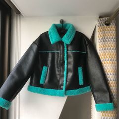 Primark size L turquoise faux leather shearling jacket