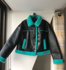 Primark size L turquoise faux leather shearling jacket