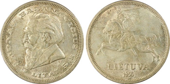 Lithuania 1936 silver 5 litai PCGS MS62 Rare uncirculated