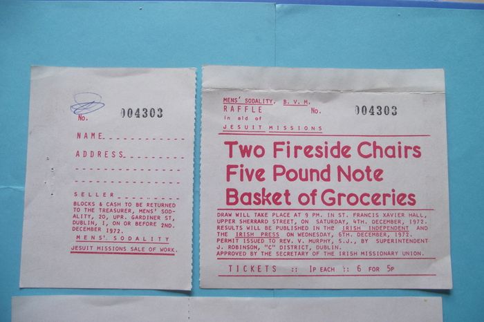 1972 Two tickets from Mens' Sodality Raffle in aid of Jesuit Missions