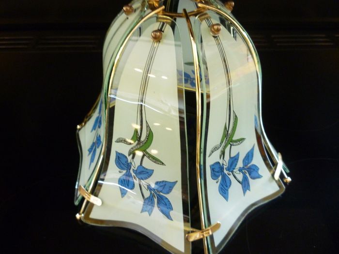Glass Ceiling Light Shade Frosted Grey, Blue & Green, Gold Trim. SUPER CONDITION