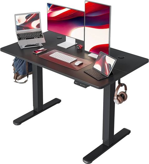 Standing Desk Height Adjustable Electric Desk, 100 x 60cm Stand up Table, Sit Stand Home Office Desk with Splice Board, Black Top