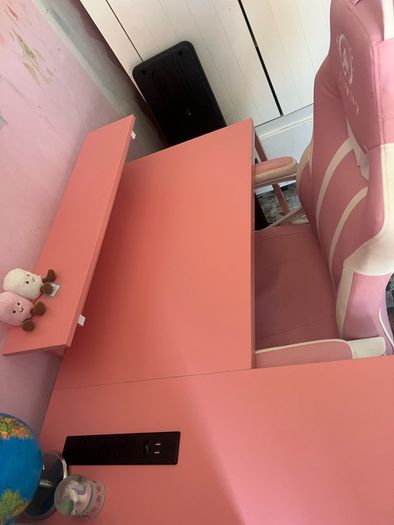 L Shaped Desk with Power Outlets & LED Lights & Pink Gaming Chair for Girls