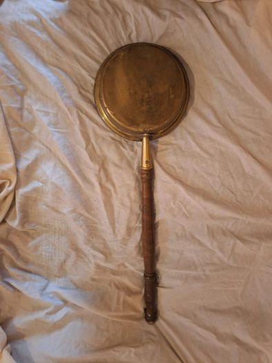 Vintage brass and wood bed warmer