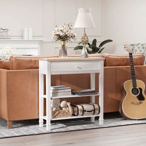 Console Table, 3-tier Hallway Table with Drawer and 2 Open Shelves, Retro Entry Table for Shoe Storage, White