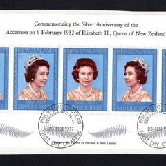 1977 New Zealand Silver Jubilee of Queen Elizabeth II Commemorative Stamp Miniature Sheet Fine Used with first day of issue cancel on piece