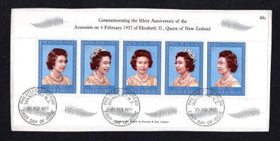 1977 New Zealand Silver Jubilee of Queen Elizabeth II Commemorative Stamp Miniature Sheet Fine Used with first day of issue cancel on piece