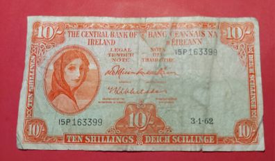 Irish 1962 Lavery ten shilling banknote in used condition