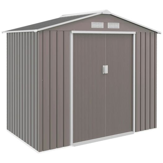 7ft x 4ft Lockable Garden Storage Shed, Metal Tool Storage Sheds with Sloped Roof and Foundation, Grey