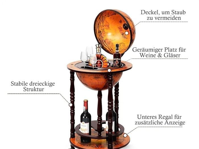 Globe Bar, Globe Bar Made of Eucalyptus, World Globe Bar Trolley with Wheels, Retro Home Bar, Mini Bar for Wine Glasses and Wine Bottles (Brown)