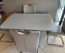Modern White Extending Dining Table & 4 Faux Leather Chairs